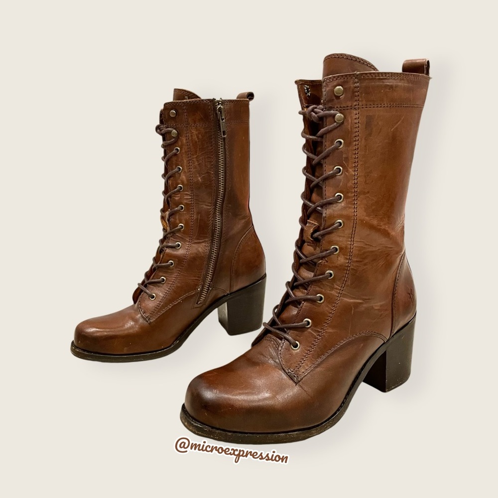 $429 Frye Kendall Lace Up Brown Genuine Leather Mid-Calf Heeled ZipUp Ankle Boot - Picture 9 of 16